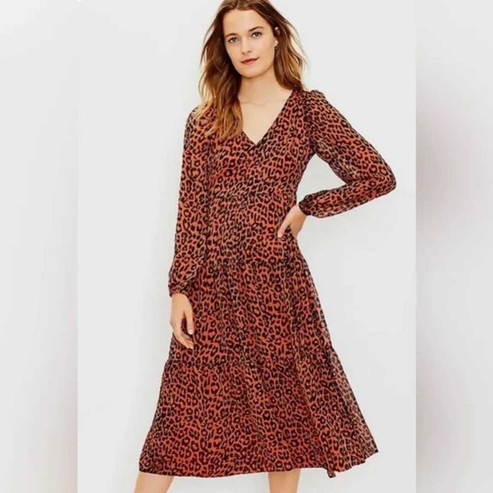 LOFT | Animal Print Long Sleeve Midi Dress
